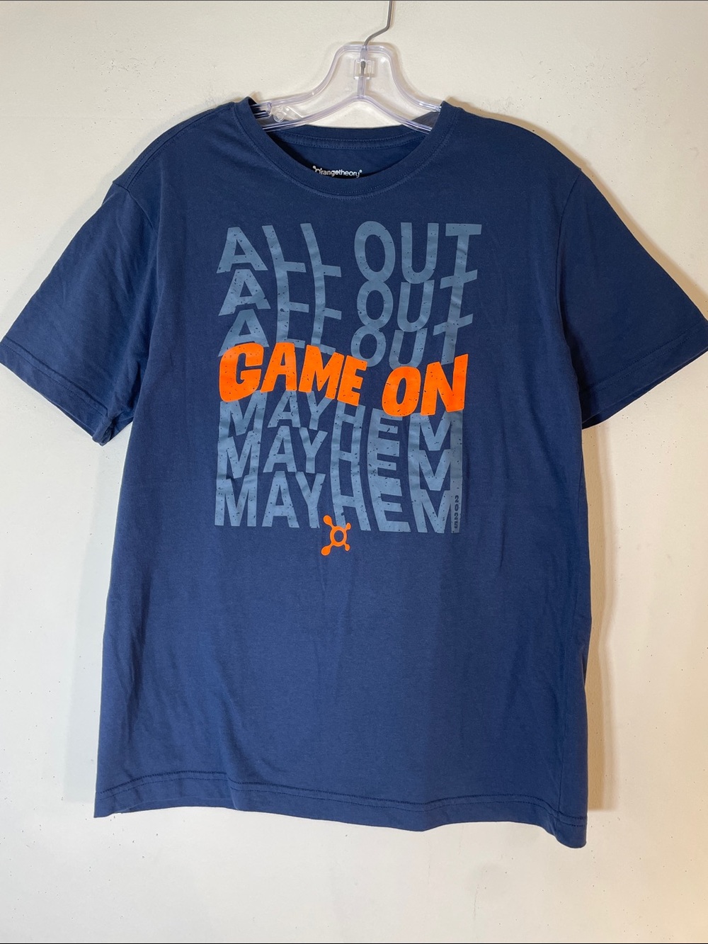 Orangetheory Navy Tee with Bright Orange 'GAME ON' Graphic. Men’s M.